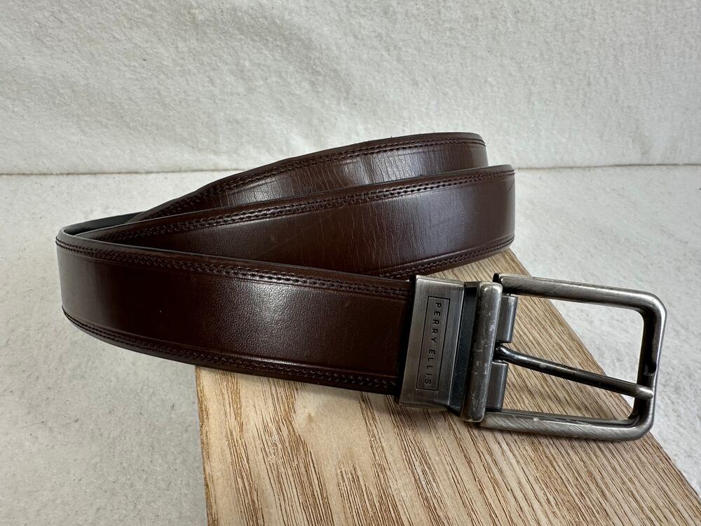 Perry Ellis Brown and Black Reversible Belt with Silver Toned Metal Buckle SZ 40